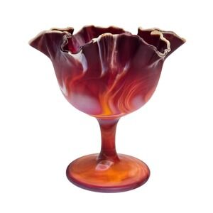 Imperial Ruby White Orange Slag Glass 6 1/4" Ruffled Compote Pedestal Bowl Swirl